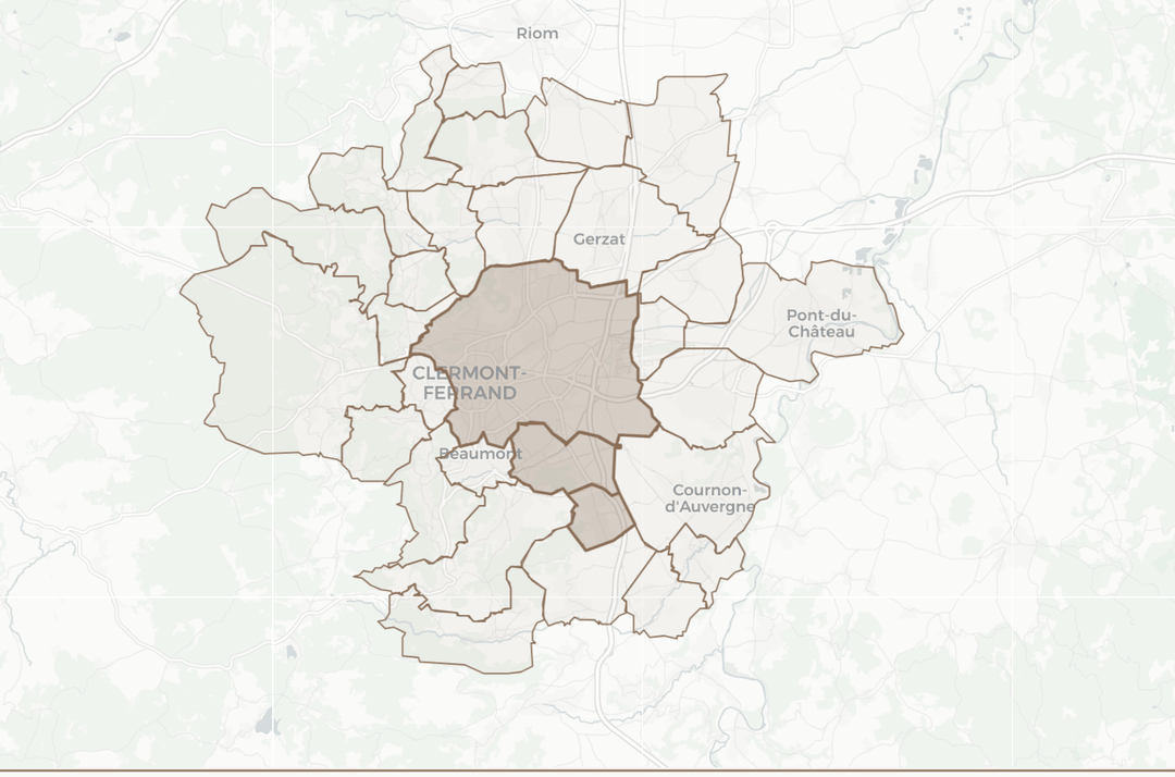 Carte de sélection de la zone d'intervention d'un Olaker : ses communes sont surlignées autour de sa ville.